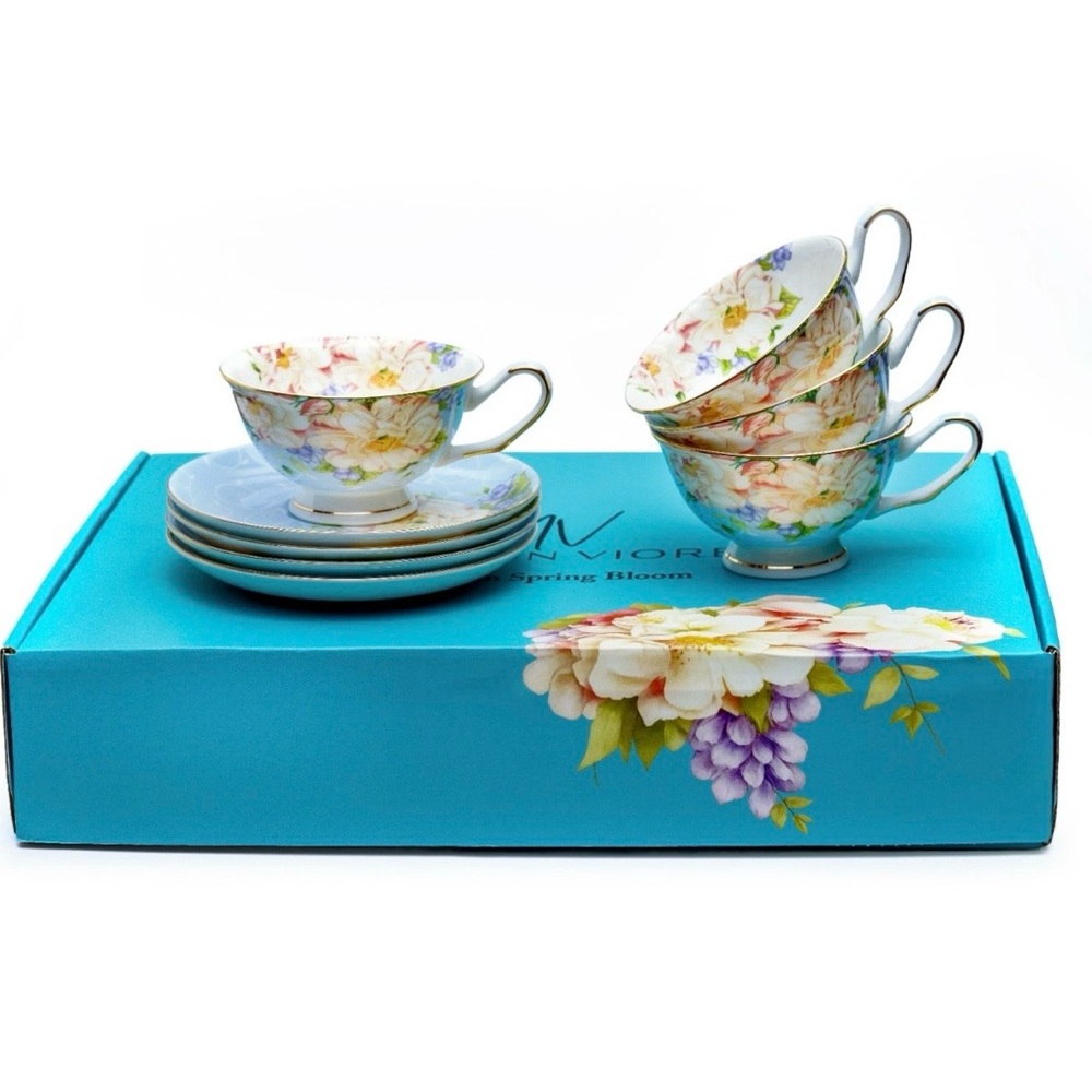 Maison Viore Parisian Spring Bloom Coffee Cup and Saucer Set of 4 Blue
